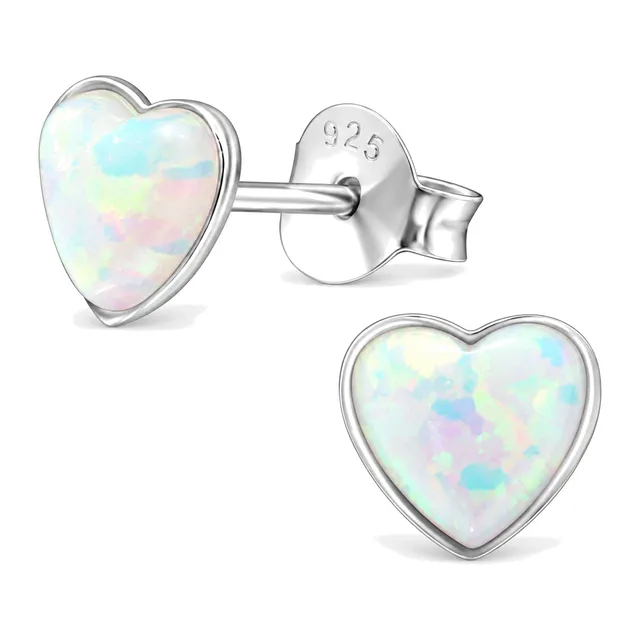 Pair of sterling silver heart stud earrings with fire snow synthetic opal