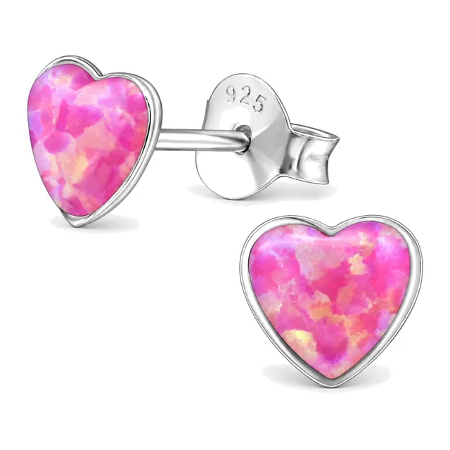 Pair of sterling silver heart stud earrings with bubble gem synthetic opal