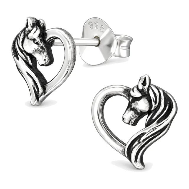 Pair of sterling silver horse head heart shaped stud earrings