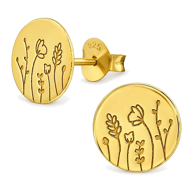 Pair of gold plated sterling silver round stud earrings with engraved floral pattern