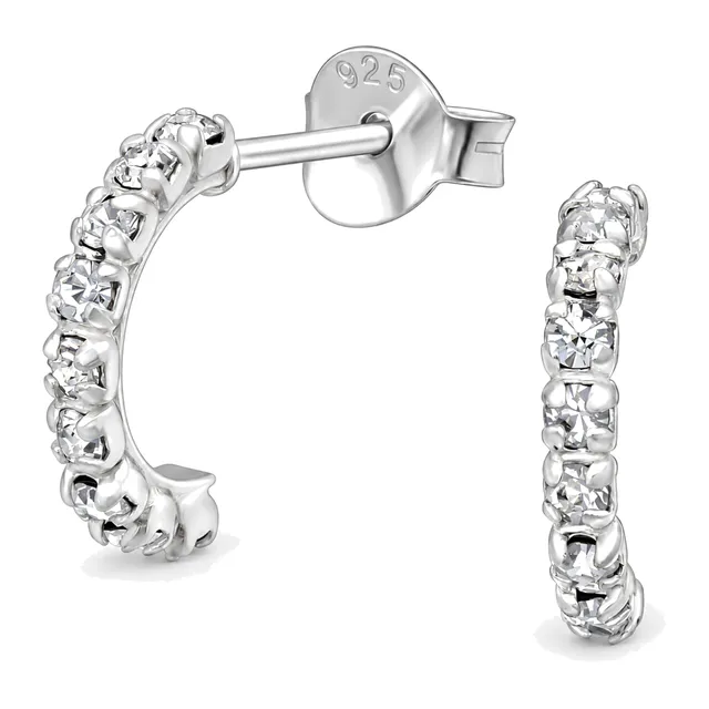 Pair of sterling silver half hoop stud earrings set with tiny crystals