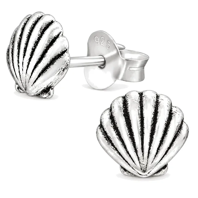 Pair of oxidised sterling silver scallop seashell stud earrings