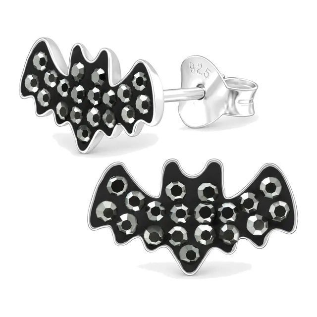 Pair of sterling silver bat stud earrings with dark hematite crystals
