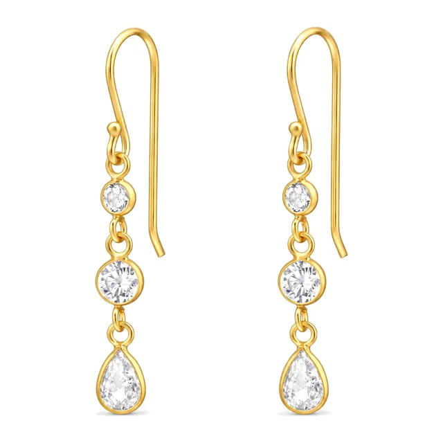 Pair of gold plated sterling silver geometric drop earrings with cubic zirconia