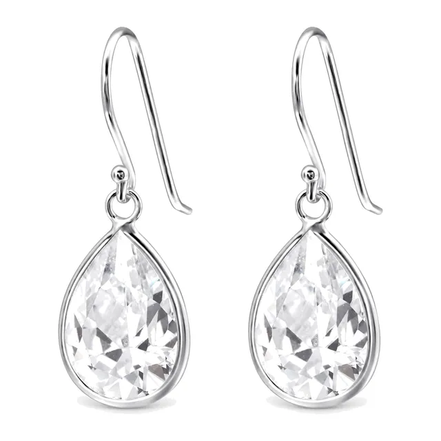Pair of sterling silver teardrop drop earrings with a single cubic zirconia stone