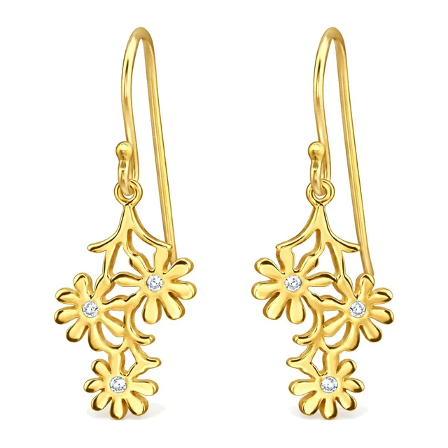 Pair of gold plated sterling silver daisy drop earrings with cubic zirconia petals