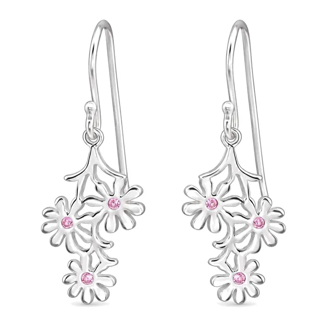 Pair of sterling silver daisy drop earrings with sparkling cubic zirconia petals
