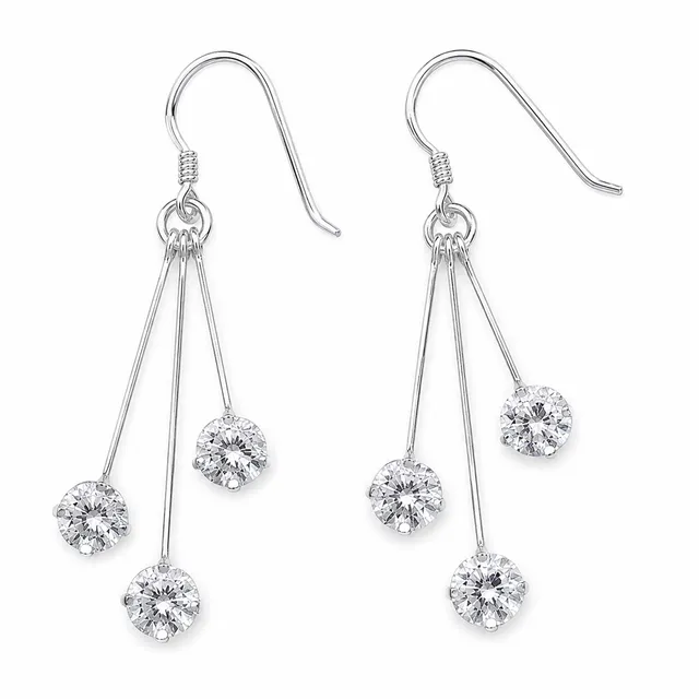 Pair of long sterling silver drop earrings with three graduated cubic zirconia stones
