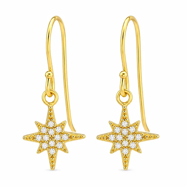 Pair of gold plated sterling silver north star drop earrings with cubic zirconia