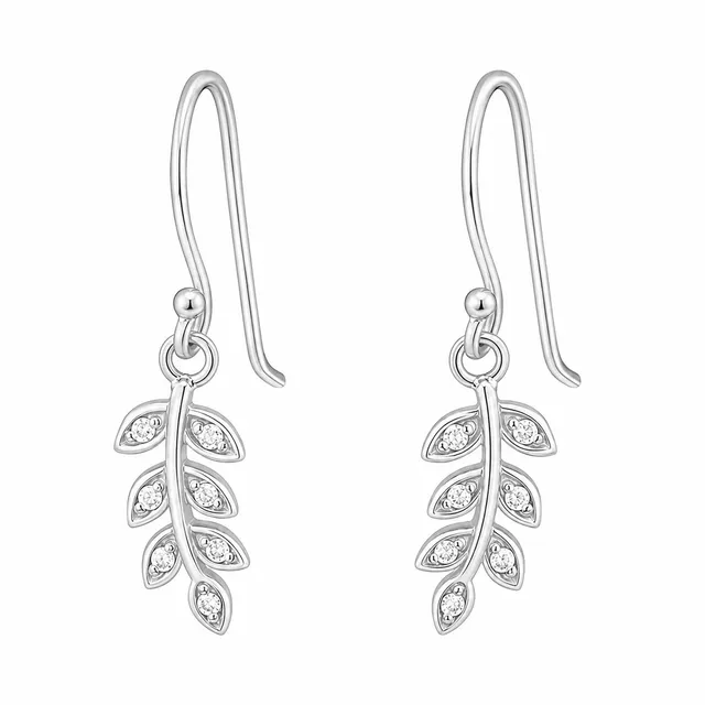 Pair of sterling silver leaf vine drop earrings with cubic zirconia stones