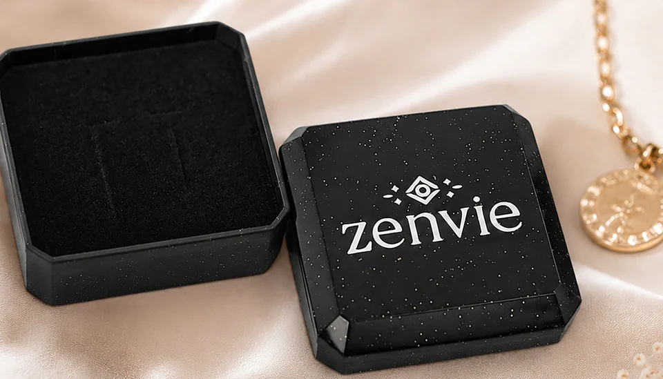 Zenvie earrings and gift box styled as a present