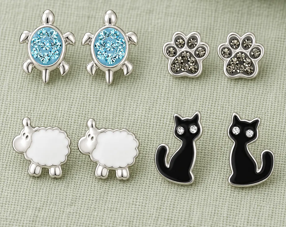 Turtle, paw print, sheep and black cat earrings on sage linen