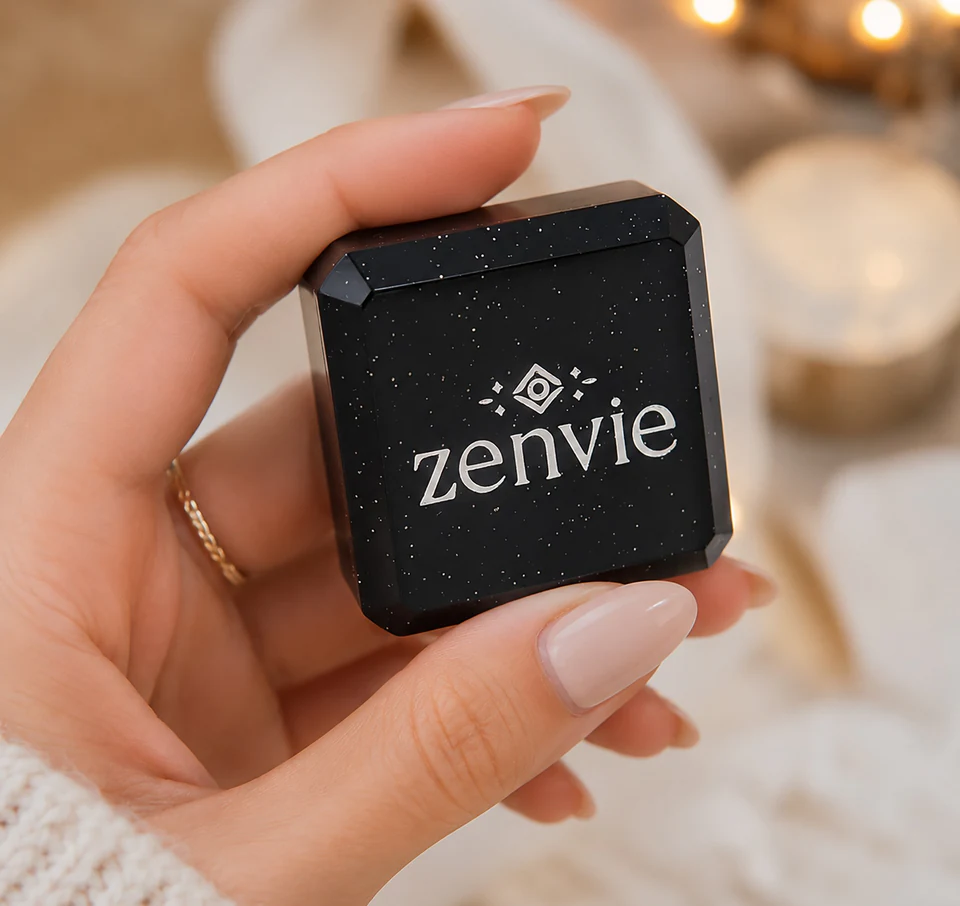 A hand holding a small black Zenvie gift box