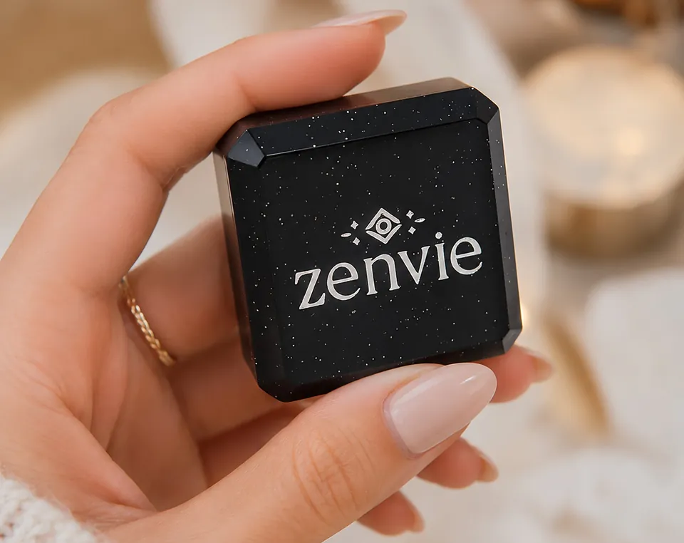 A black Zenvie gift box held gently in one hand